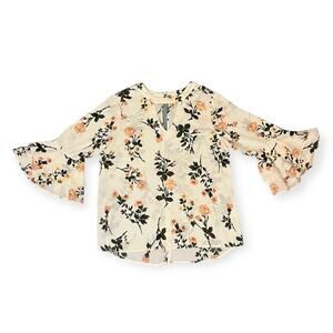 Green Yellow Floral Bell Sleeve Blouse Keyhole Neck Sheer Boho Cottagecore Top M